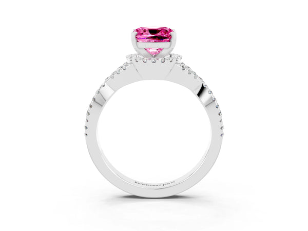 Platinum Cushion Cut Pink Sapphire  Halo Twist Band Solitaire Prong Setting Ring