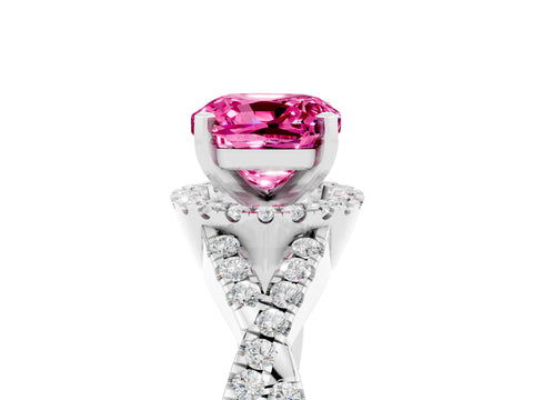 White gold Cushion Cut Pink Sapphire Halo Twist Band Solitaire Prong Setting Ring_29