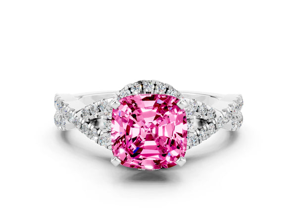 White gold Cushion Cut Pink Sapphire  Halo Twist Band Solitaire Prong Setting Ring