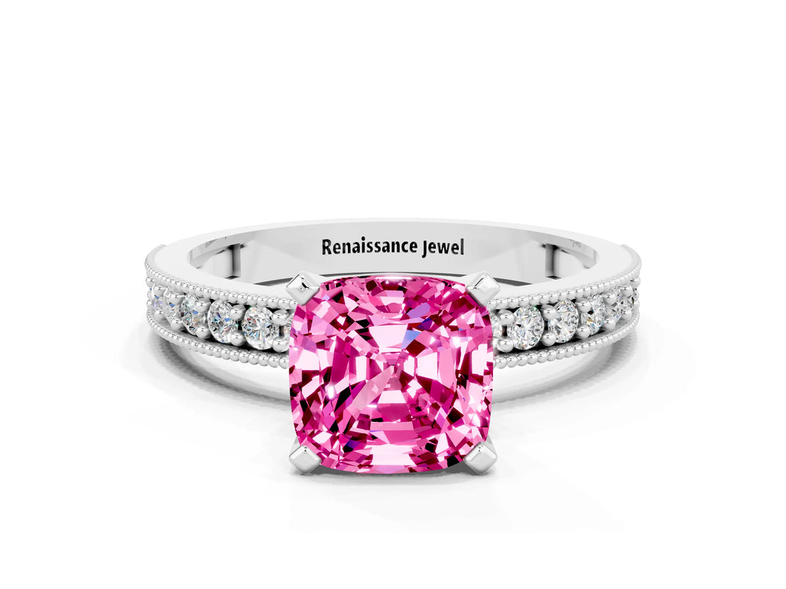 White gold Cushion Cut Pink Sapphire Milgrain Pavé Engagement Ring with Four-Prong Setting_36