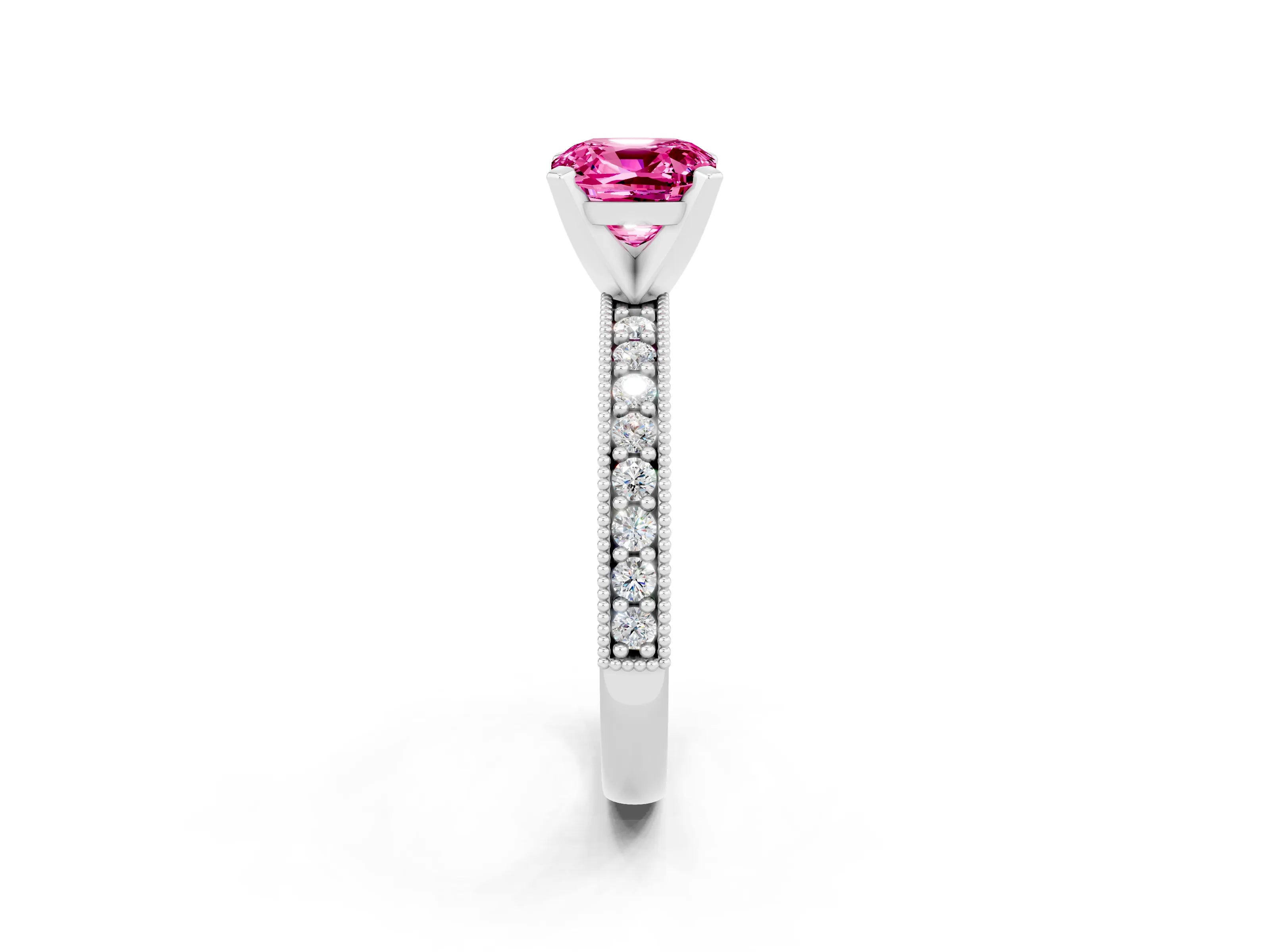 White gold Cushion Cut Pink Sapphire Milgrain Pavé Engagement Ring with Four-Prong Setting_38