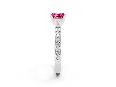 White gold Cushion Cut Pink Sapphire Milgrain Pavé Engagement Ring with Four-Prong Setting_38