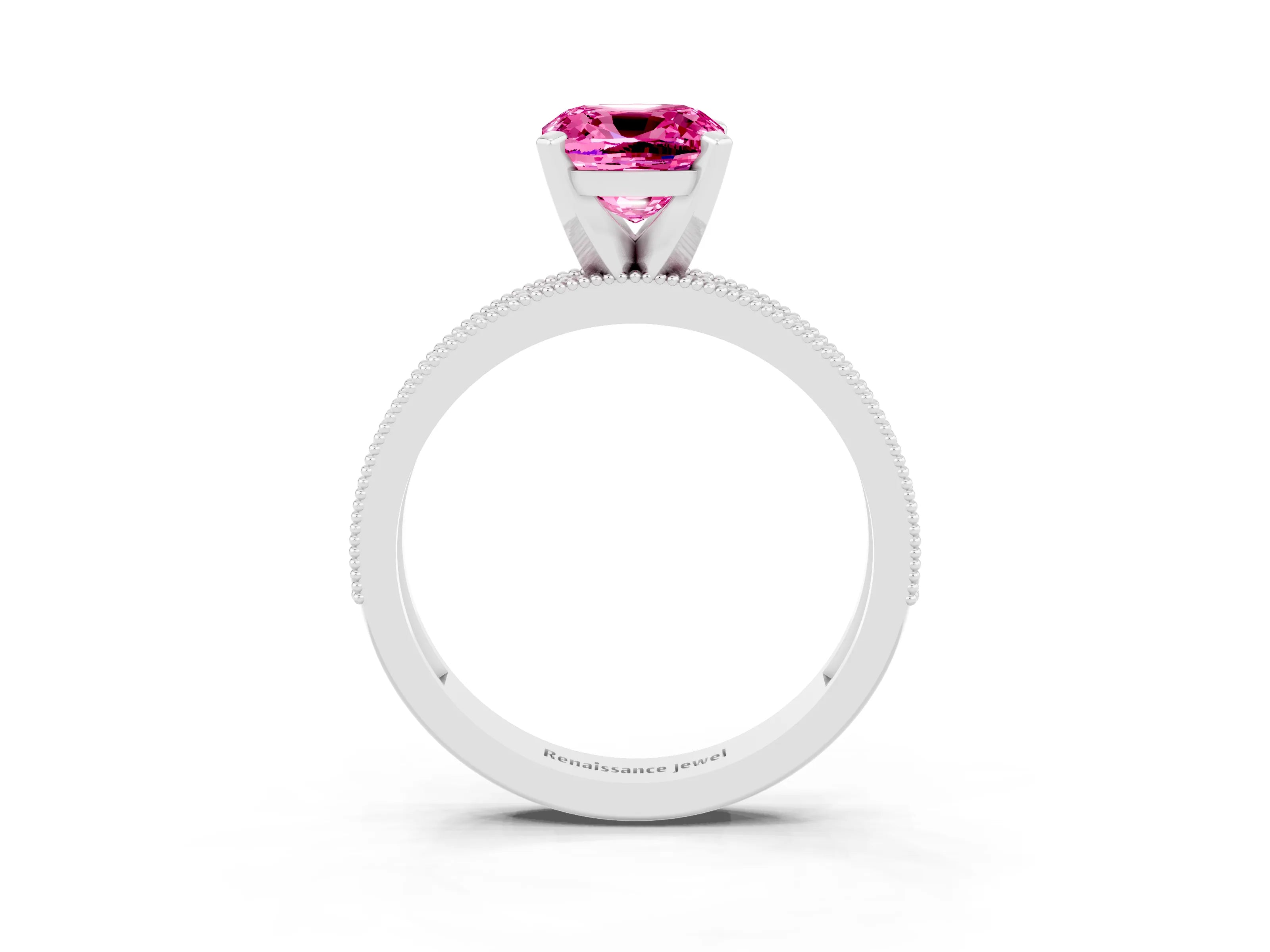 White gold Cushion Cut Pink Sapphire Milgrain Pavé Engagement Ring with Four-Prong Setting_39
