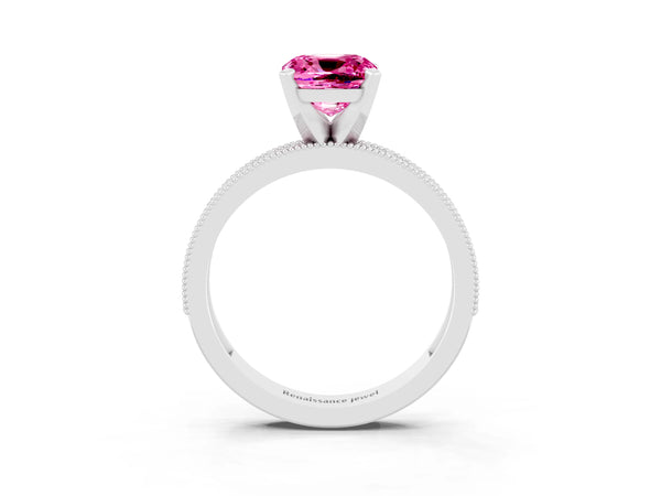 White gold Cushion Cut Pink Sapphire Milgrain Pavé Engagement Ring with Four-Prong Setting