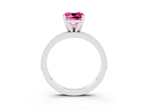 White gold Cushion Cut Pink Sapphire Milgrain Pavé Engagement Ring with Four-Prong Setting_39