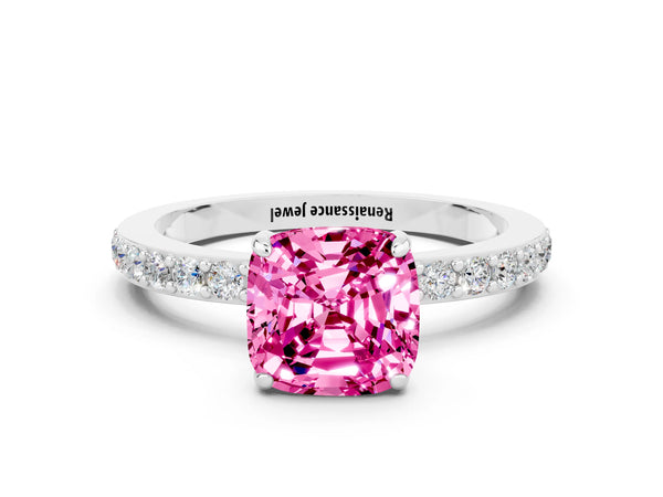 Platinum Cushion Cut Pink Sapphire Pavé Engagement Ring with Round  Accents and Prong Setting