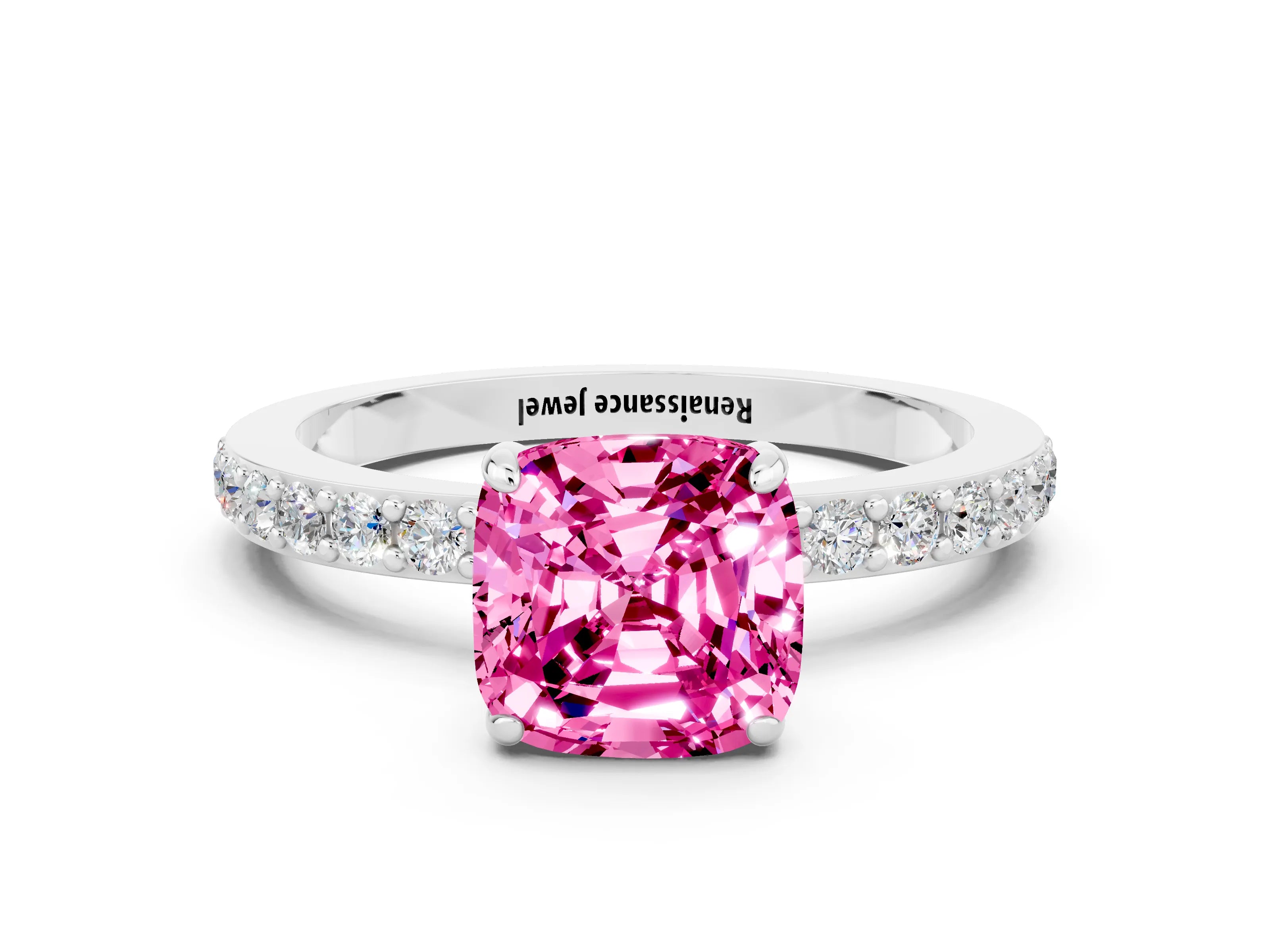 White gold Cushion Cut Pink Sapphire Pavé Engagement Ring with Round  Accents and Prong Setting_48