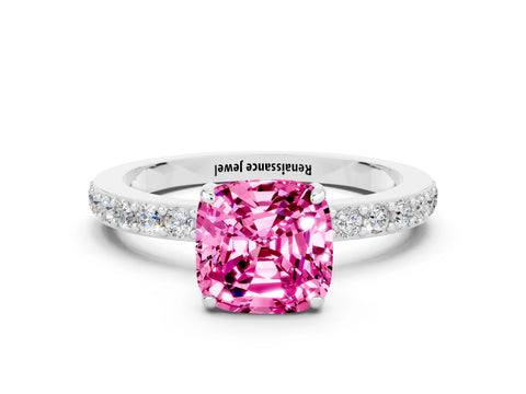 White gold Cushion Cut Pink Sapphire Pavé Engagement Ring with Round  Accents and Prong Setting_48