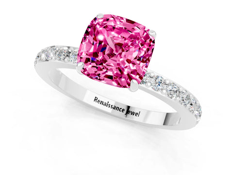 White gold Cushion Cut Pink Sapphire Pavé Engagement Ring with Round  Accents and Prong Setting_49