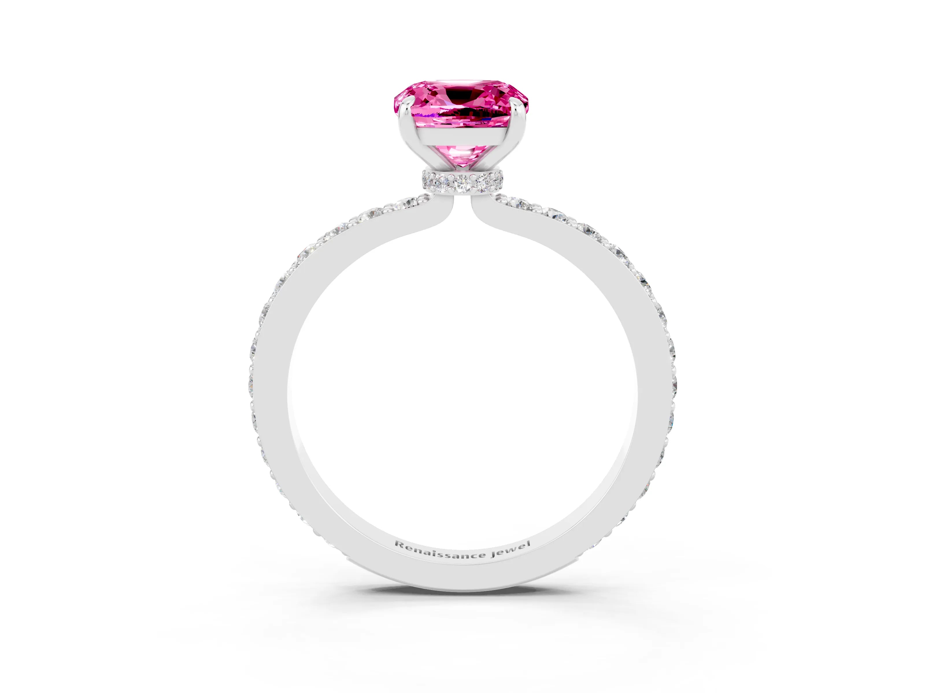 White gold Cushion Cut Pink Sapphire Pavé Engagement Ring with Round  Accents and Prong Setting_51