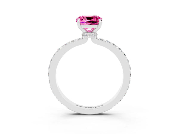Silver Cushion Cut Pink Sapphire Pavé Engagement Ring with Round  Accents and Prong Setting