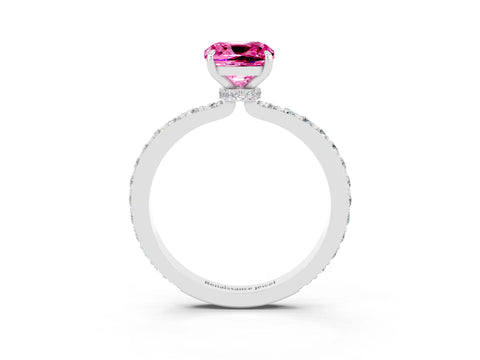 White gold Cushion Cut Pink Sapphire Pavé Engagement Ring with Round  Accents and Prong Setting_51