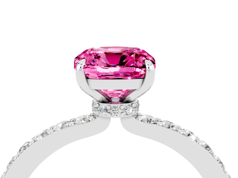 White gold Cushion Cut Pink Sapphire Pavé Engagement Ring with Round  Accents and Prong Setting_52