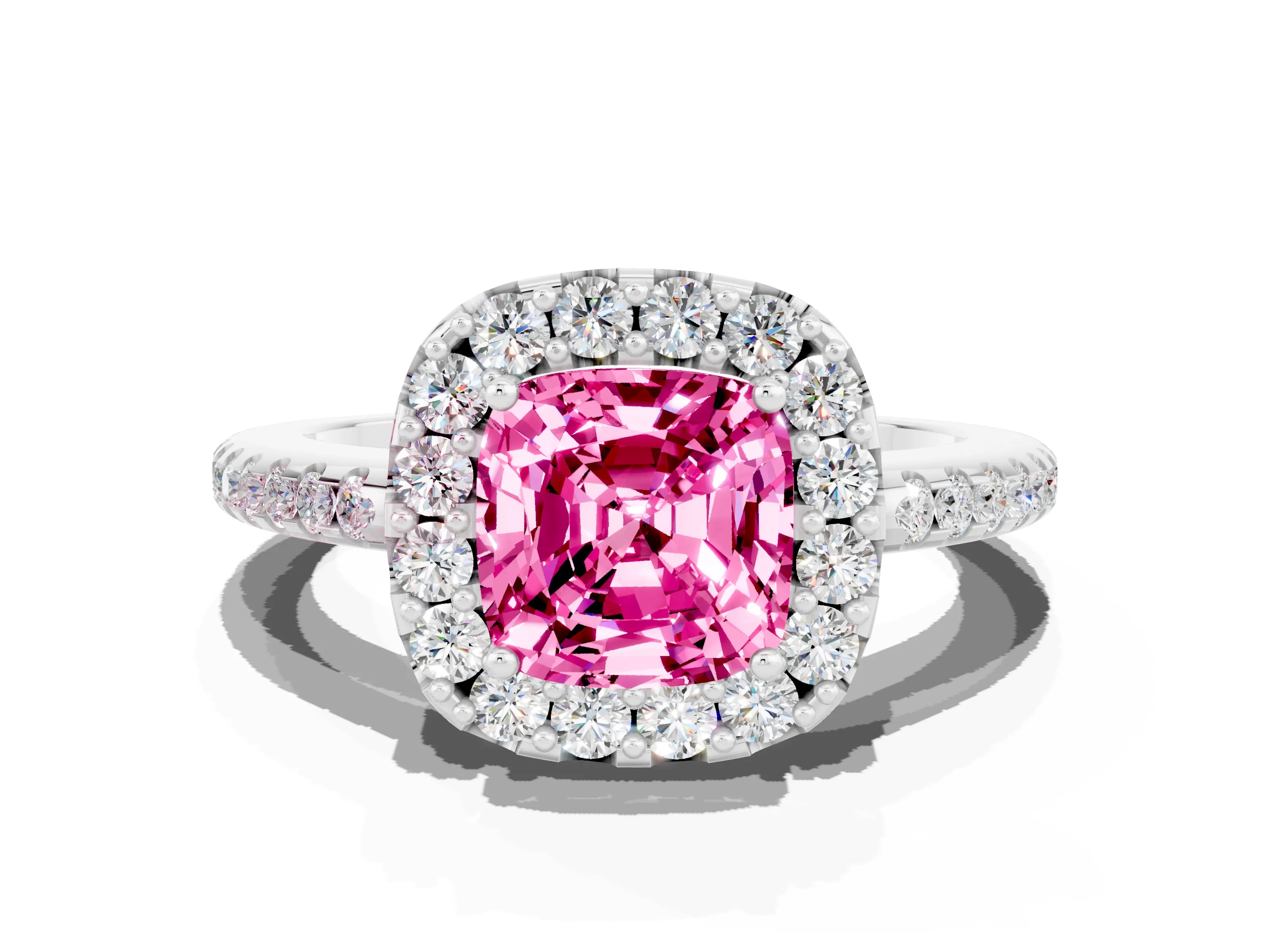 White gold Cushion Cut Pink Sapphire Pavé Halo Ring with Four-Prong Setting_12