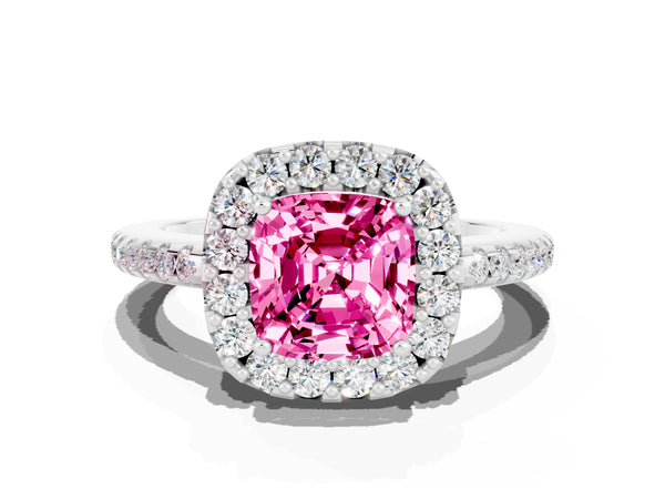 Silver Cushion Cut Pink Sapphire Pavé Halo Ring with Four-Prong Setting
