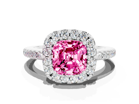 White gold Cushion Cut Pink Sapphire Pavé Halo Ring with Four-Prong Setting_12