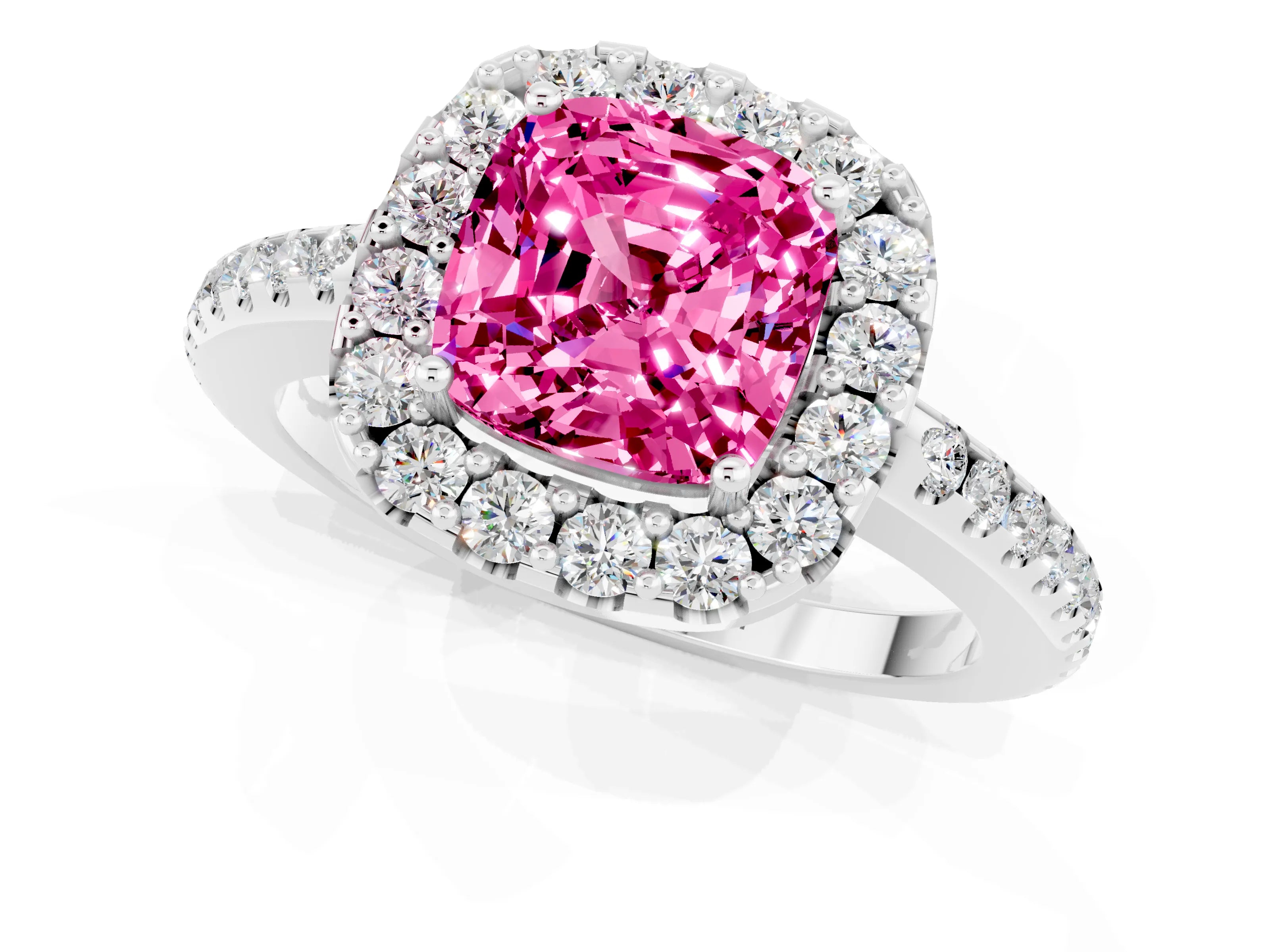 White gold Cushion Cut Pink Sapphire Pavé Halo Ring with Four-Prong Setting_13