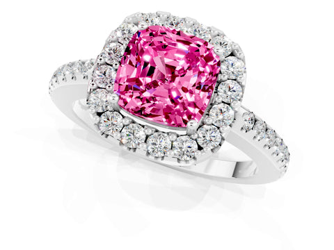 White gold Cushion Cut Pink Sapphire Pavé Halo Ring with Four-Prong Setting_13