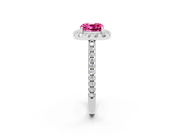 White gold Cushion Cut Pink Sapphire Pavé Halo Ring with Four-Prong Setting