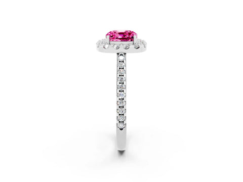 White gold Cushion Cut Pink Sapphire Pavé Halo Ring with Four-Prong Setting_14