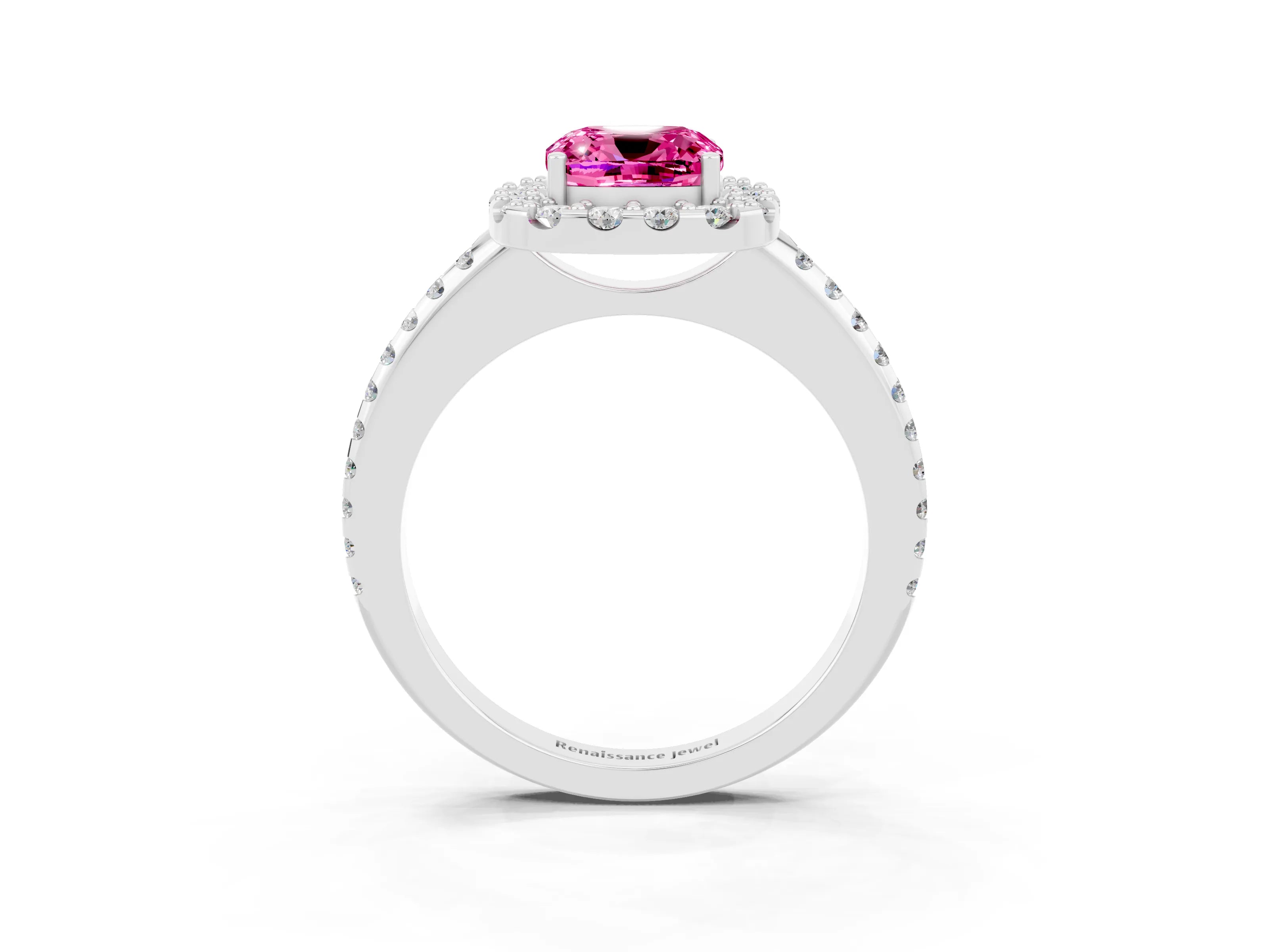 White gold Cushion Cut Pink Sapphire Pavé Halo Ring with Four-Prong Setting_15