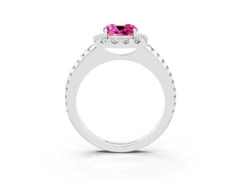 White gold Cushion Cut Pink Sapphire Pavé Halo Ring with Four-Prong Setting_15