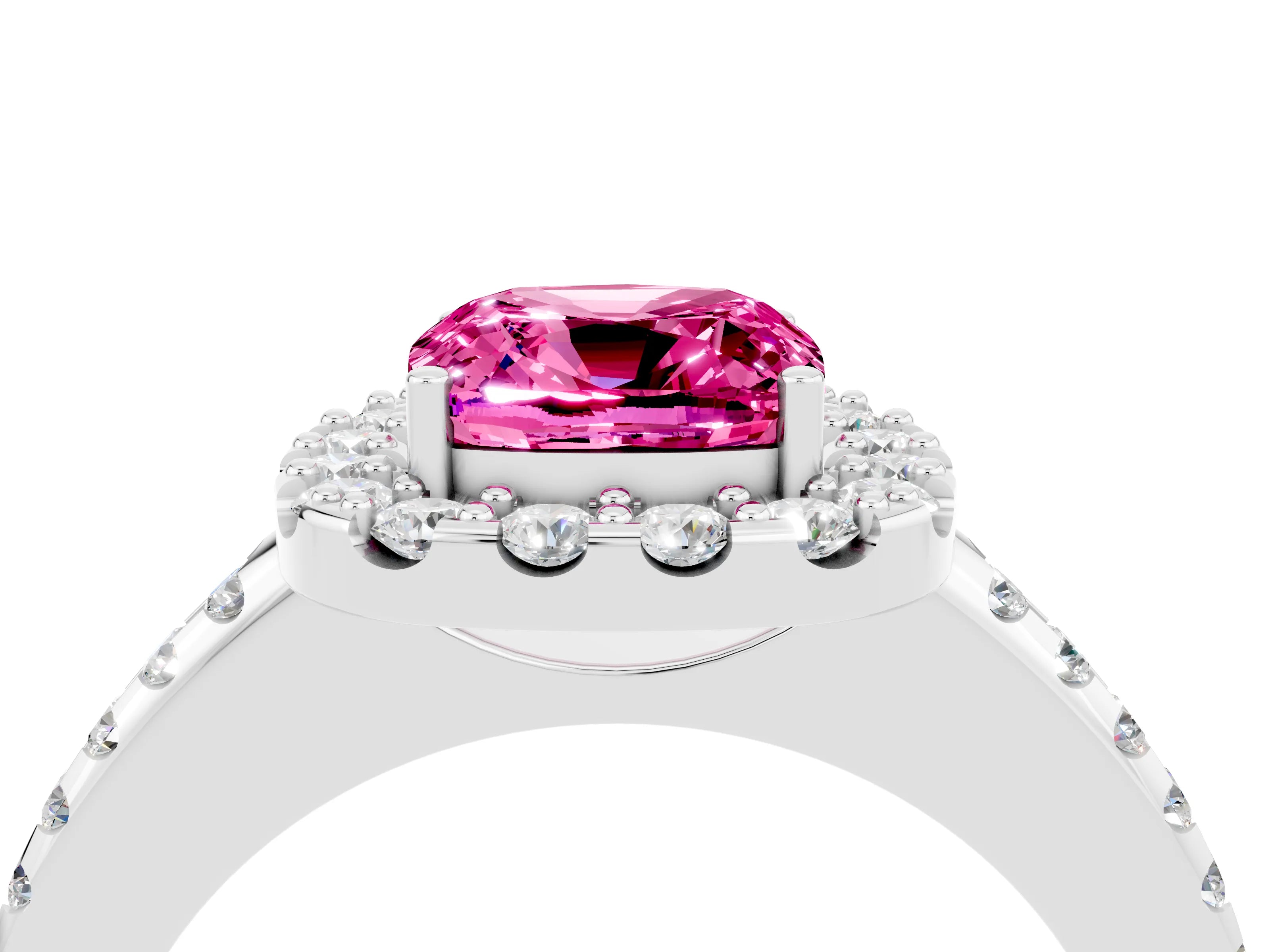 White gold Cushion Cut Pink Sapphire Pavé Halo Ring with Four-Prong Setting_16