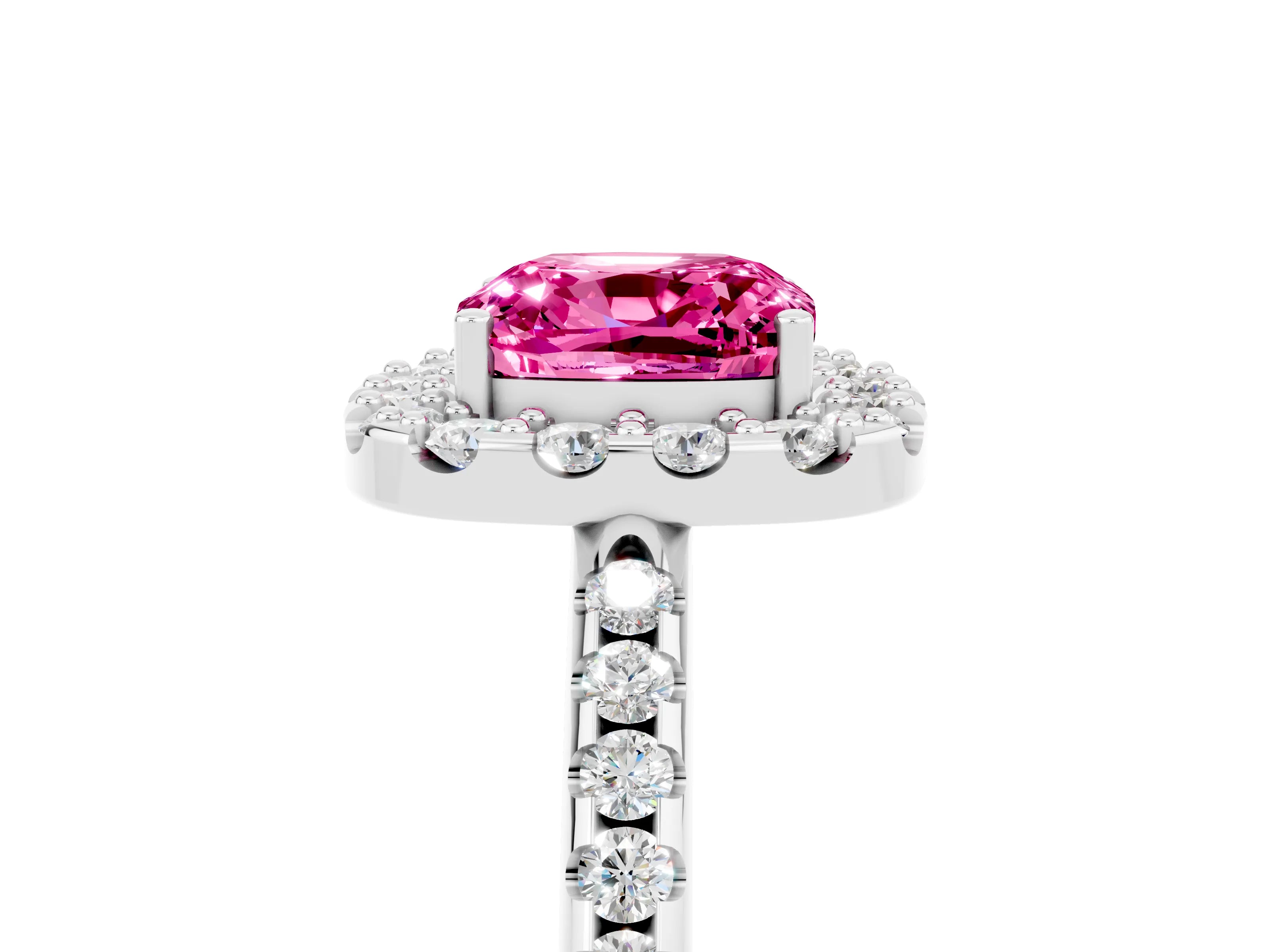 White gold Cushion Cut Pink Sapphire Pavé Halo Ring with Four-Prong Setting_17
