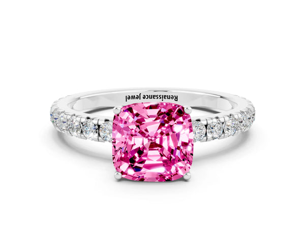 Silver Cushion Cut Pink Sapphire Pavé Solitaire Engagement Ring with Four-Prong Setting
