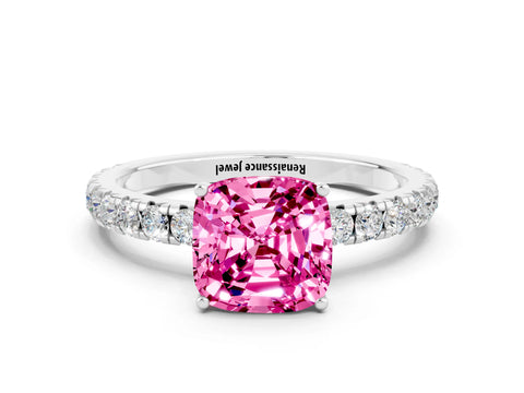 White gold Cushion Cut Pink Sapphire Pavé Solitaire Engagement Ring with Four-Prong Setting_12