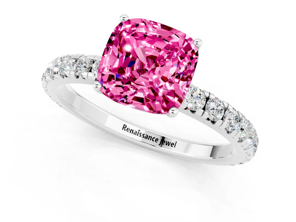 Platinum Cushion Cut Pink Sapphire Pavé Solitaire Engagement Ring with Four-Prong Setting