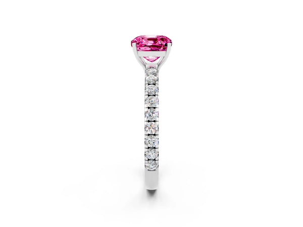 Platinum Cushion Cut Pink Sapphire Pavé Solitaire Engagement Ring with Four-Prong Setting