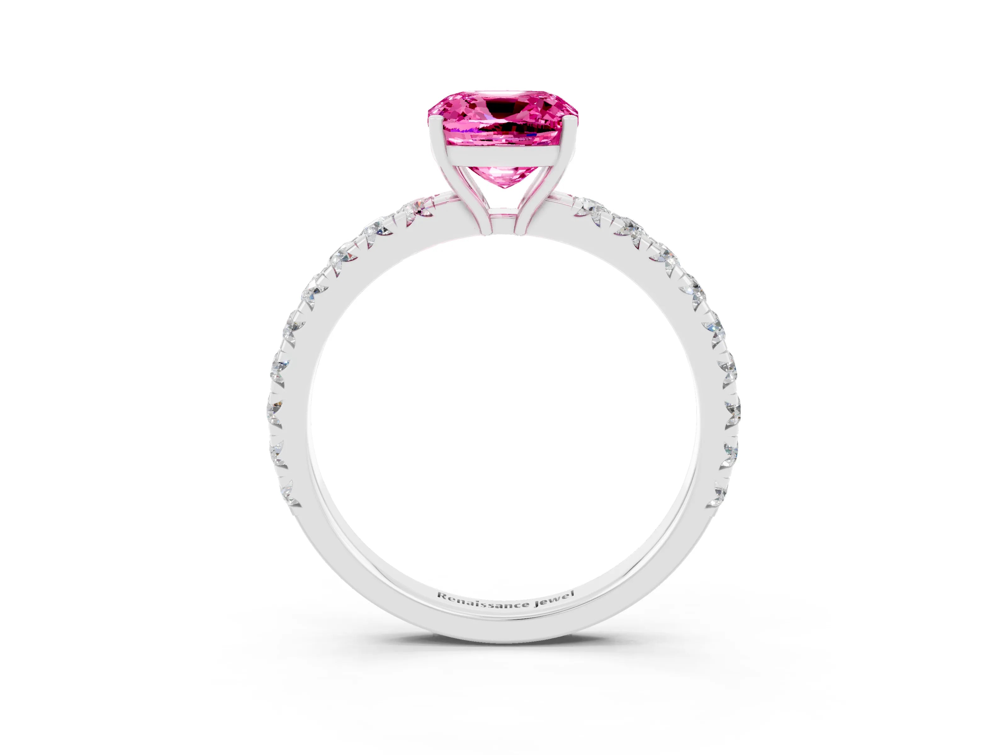 White gold Cushion Cut Pink Sapphire Pavé Solitaire Engagement Ring with Four-Prong Setting_15