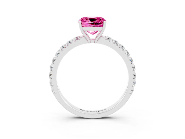 Platinum Cushion Cut Pink Sapphire Pavé Solitaire Engagement Ring with Four-Prong Setting