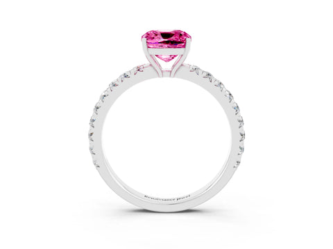 White gold Cushion Cut Pink Sapphire Pavé Solitaire Engagement Ring with Four-Prong Setting_15