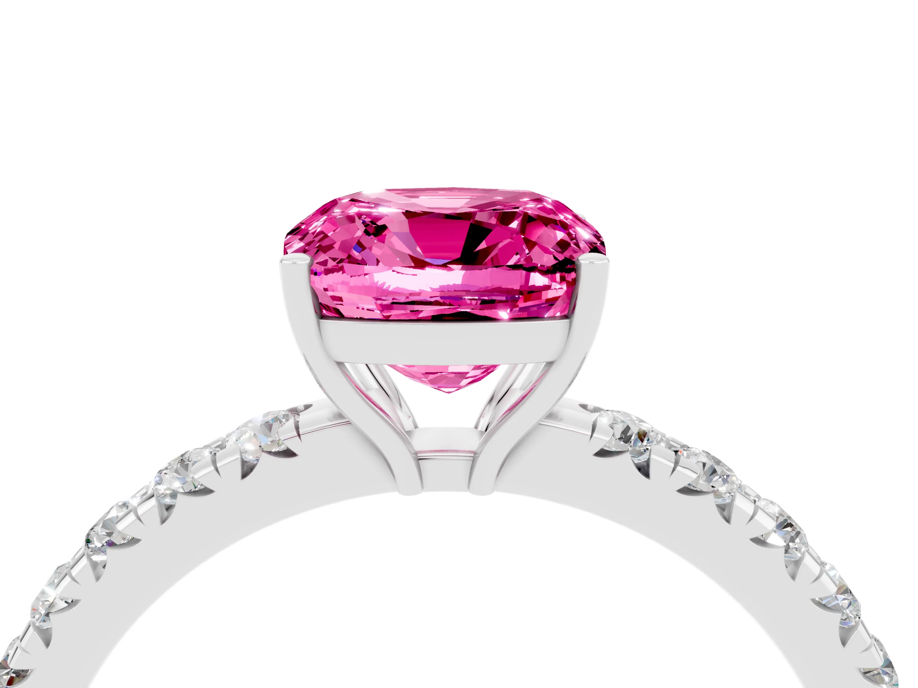 White gold Cushion Cut Pink Sapphire Pavé Solitaire Engagement Ring with Four-Prong Setting_16