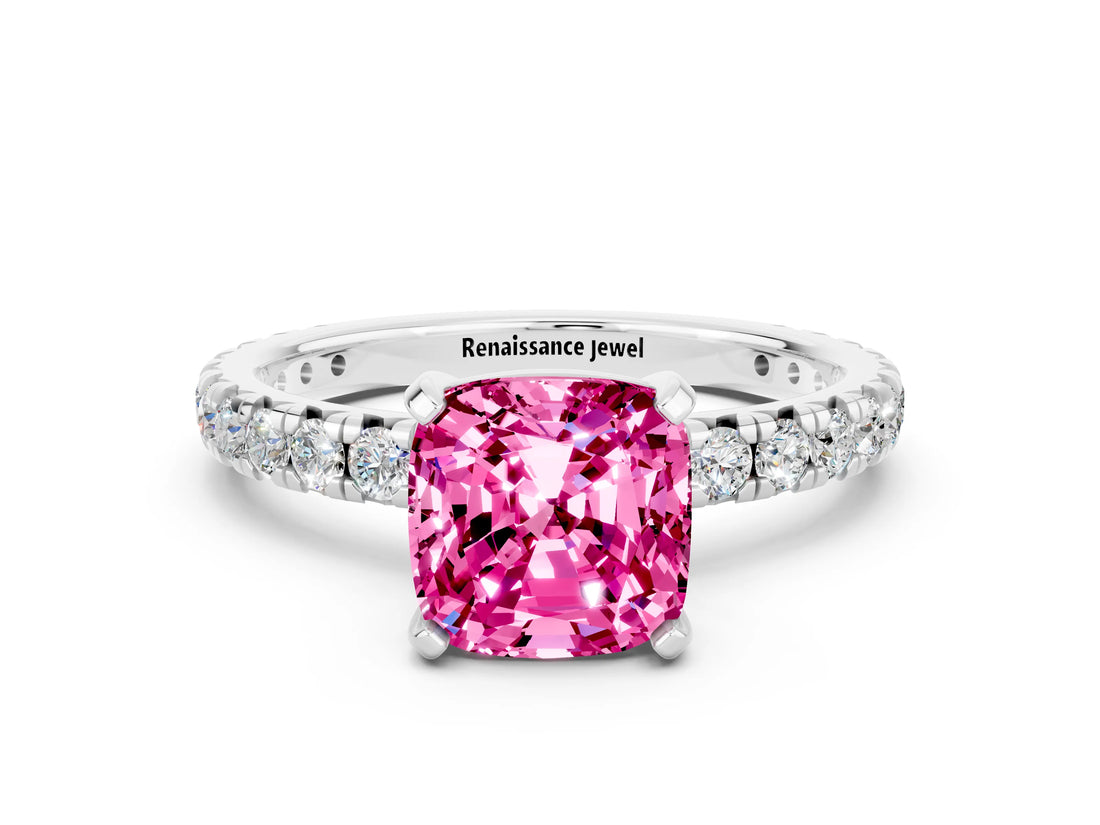 White gold Cushion Cut Pink Sapphire Pavé Solitaire Ring with Round Band and Prong Setting_12