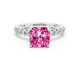White gold Cushion Cut Pink Sapphire Pavé Solitaire Ring with Round Band and Prong Setting_12