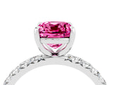 White gold Cushion Cut Pink Sapphire Pavé Solitaire Ring with Round Band and Prong Setting_16