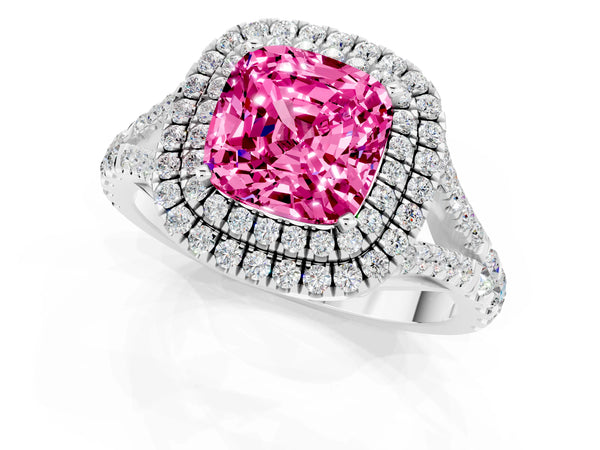 Platinum Cushion Cut Pink Sapphire Pavé Split Shank Double Halo Engagement Ring