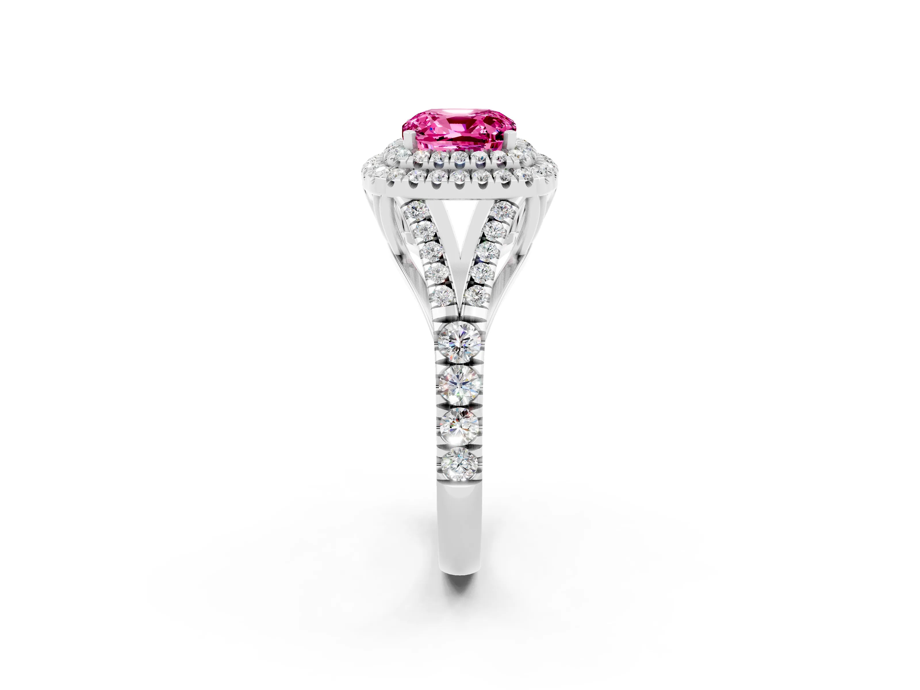 White gold Cushion Cut Pink Sapphire Pavé Split Shank Double Halo Engagement Ring_2