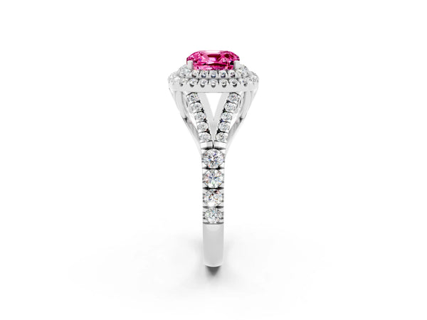Silver Cushion Cut Pink Sapphire Pavé Split Shank Double Halo Engagement Ring