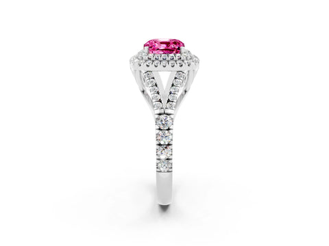 White gold Cushion Cut Pink Sapphire Pavé Split Shank Double Halo Engagement Ring_2
