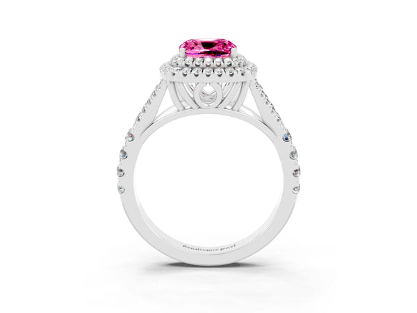 White gold Cushion Cut Pink Sapphire Pavé Split Shank Double Halo Engagement Ring
