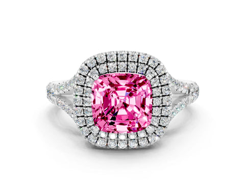 White gold Cushion Cut Pink Sapphire Pavé Split Shank Double Halo Engagement Ring