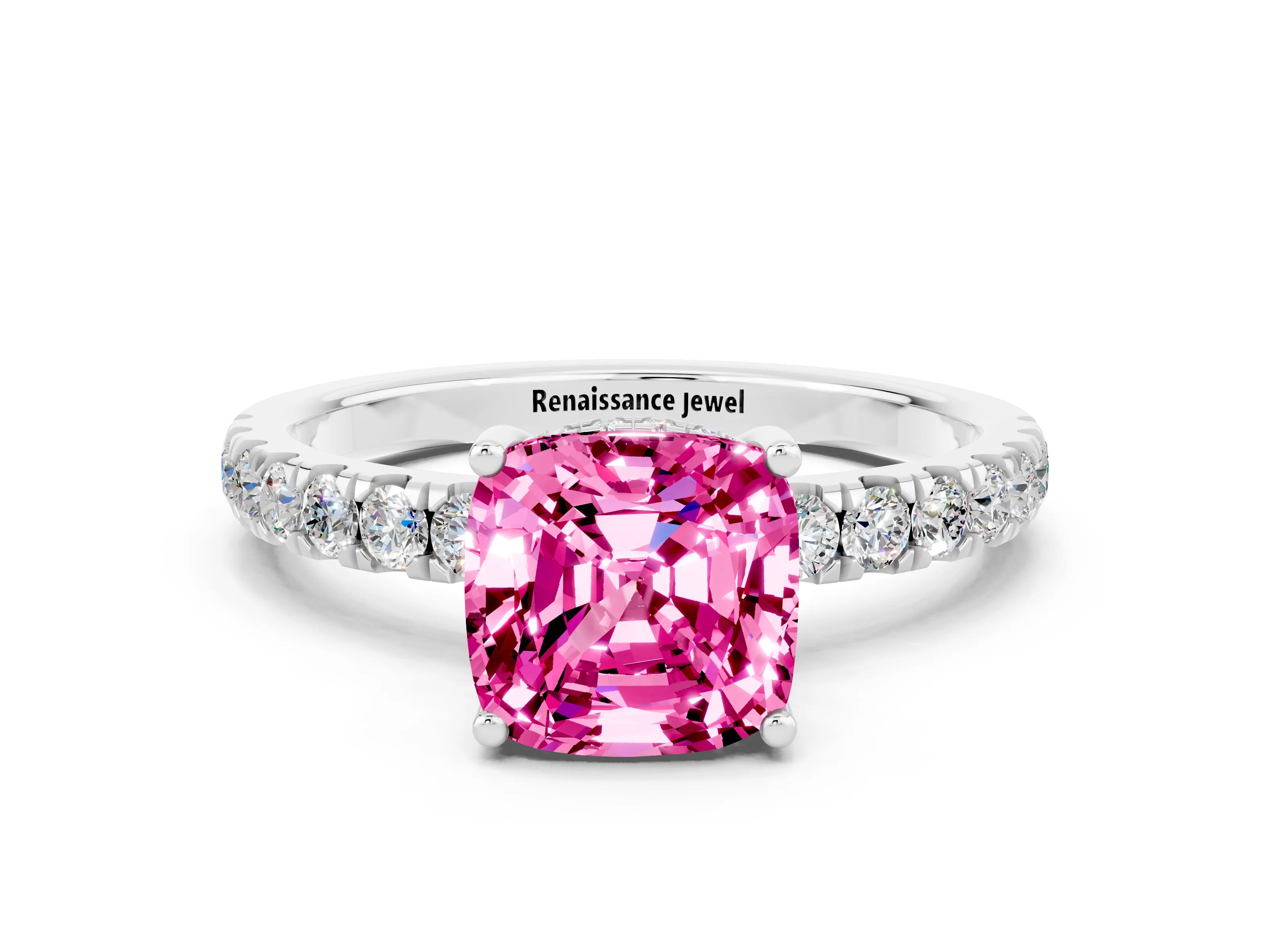 White gold Cushion Cut Pink Sapphire Pave Band Solitaire Ring with Four-Prong Setting_12