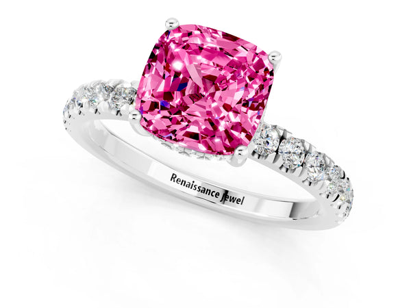 Platinum Cushion Cut Pink Sapphire Pave Band Solitaire Ring with Round  and Prong Setting