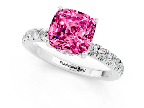 White gold Cushion Cut Pink Sapphire Pave Band Solitaire Ring with Four-Prong Setting_13