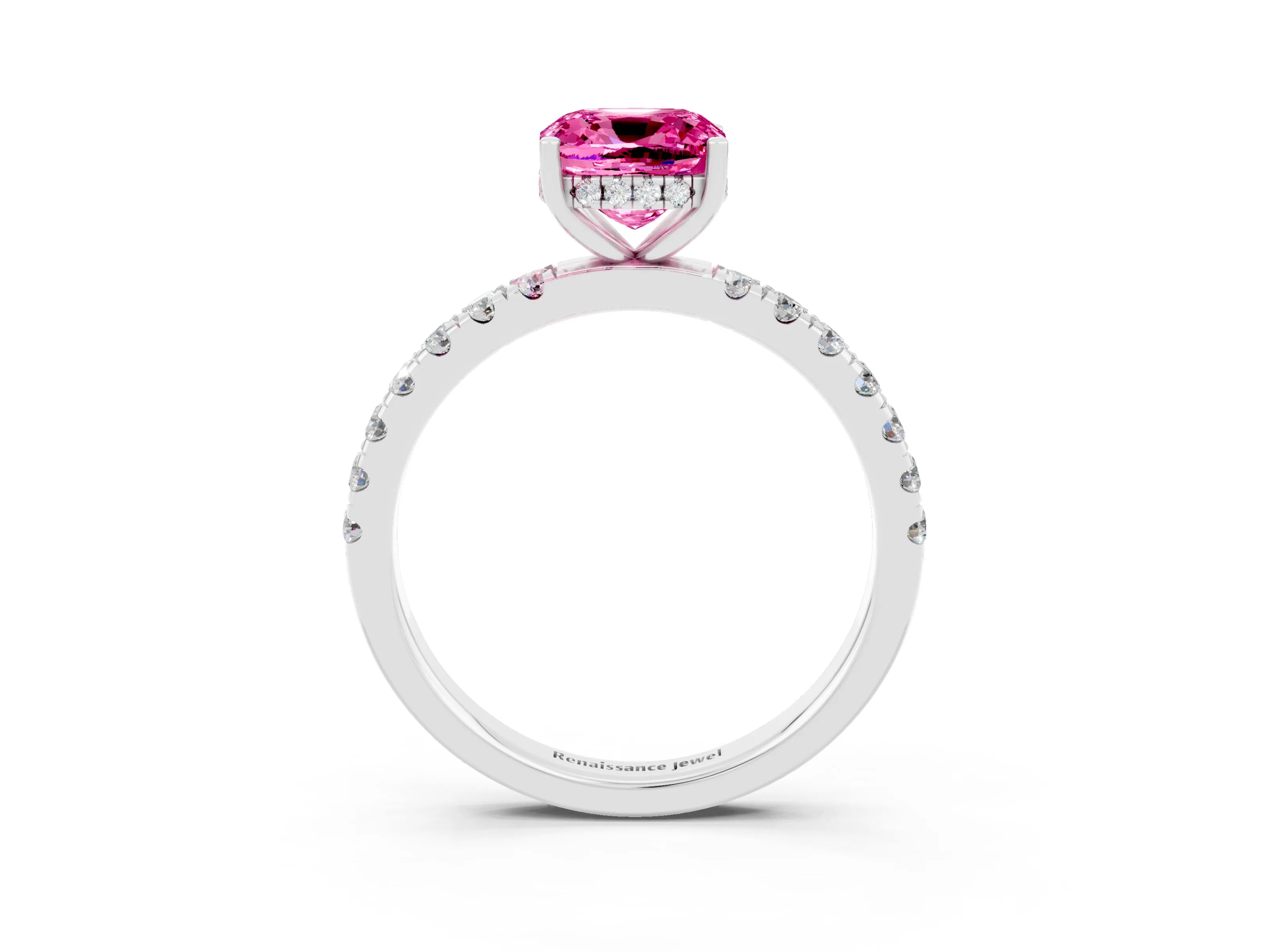 White gold Cushion Cut Pink Sapphire Pave Band Solitaire Ring with Four-Prong Setting_15