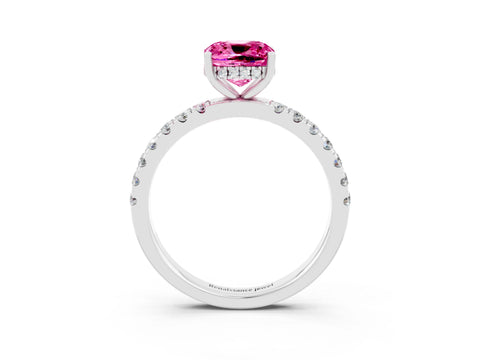 White gold Cushion Cut Pink Sapphire Pave Band Solitaire Ring with Four-Prong Setting_15